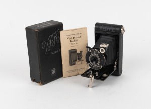 KODAK: Vest Pocket Model B 127 film camera in original maker's box with instruction booklet, c. 1913.