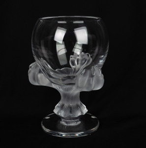 LALIQUE French glass goblet vase with floral motif, engraved "Lalique, France", ​​​​​​​22cm high.