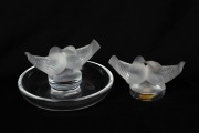 LALIQUE French glass ring tray and ornament with bird decoration, (2 items), engraved "Lalique, France", the ring tray 5cm high, 9.5cm diameter.