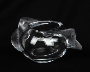 LALIQUE French glass vase with bird handles, engraved "Lalique, France", 9.5cm high, 21cm wide.
