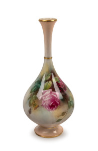 ROYAL WORCESTER antique English porcelain stem vase with hand-painted rose decoration signed "M. BLAKE", green factory mark to base, ​​​​​​​21cm high.