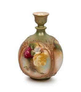 ROYAL WORCESTER antique English porcelain vase with four hand-painted rose vignettes, green factory mark to base with artist's monogram, 15cm high.