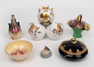 ROYAL WORCESTER antique English porcelain vase in the oriental style, a ROYAL WORCESTER miniature stem vase, a PARAGON porcelain bowl with fruit decoration, LIMOGES blue and gilt lidded box, a Danish porcelain frog ornament, and a floral porcelain basket 