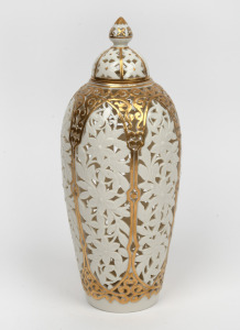 GRAINGER & CO. WORCESTER antique English pierced porcelain lidded vase with gilt decoration, 19th century, impressed shield mark to base, 28cm high.