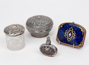 An antique sterling silver lidded hobnail glass jar, a Burmese silver box, a silver overlay glass scent bottle with crown stopper, and a blue enamel antique purse (A/F), 19th/20th century, (4 items), the purse 7.5cm wide.