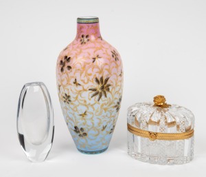 BACCARAT vintage French crystal casket with gilt metal mounts and rose finial, a KOSTA Swedish glass vase, together with an antique pink and blue glass vase with floral enamel decoration, 19th and 20th century, (3 items), ​​​​​​​the largest 32cm high.