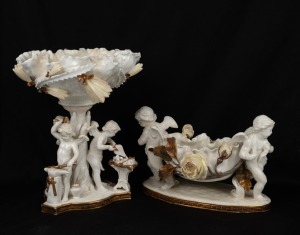 MOORE BROS. antique English porcelain comport and bowl decorated with cherubs, roses and cactus flowers, (A/F), 19th century, (2 items), ​​​​​​​the comport 29cm high.