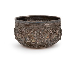 A fine quality Burmese silver bowl with repousse decoration, 19th/20th century, 7cm high, 12cm wide, 291 grams.