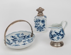 MEISSEN "Blue Onion" antique German porcelain tea caddy, cream jug and bonbon dish with silver mounts and handles, 19th century, (3 items), blue crossed swords marks, the tea caddy13.5cm high.