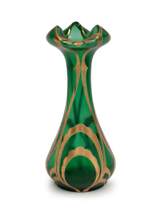 LOETZ (attributed) Bohemian Art Nouveau green glass vase with gilt and enamel decoration, circa 1900, 24cm high.
