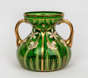 MOSER (attributed) Bohemian green two handled art glass vase with hand-painted enamel floral decoration, circa 1900, ​​​​​​​16.5cm high, 18cm wide.