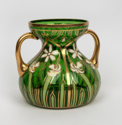 MOSER (attributed) Bohemian green two handled art glass vase with hand-painted enamel floral decoration, circa 1900, ​​​​​​​16.5cm high, 18cm wide. - 2