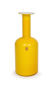 HOLMEGAARD "GUL" Danish yellow and white bottle vase designed by OTTO BRAUER, bearing original label, 37cm high.