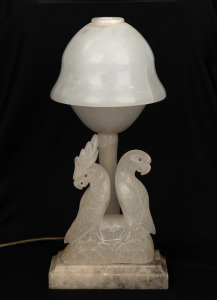 An antique carved alabaster lamp with cockatoo and parrot decoration, early 20th century, ​​​​​​​40cm high.