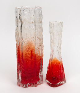 Two vintage tangerine two-tone glass vases, in the manner of GEOFFREY BAXTER, 27cm and 22cm high.