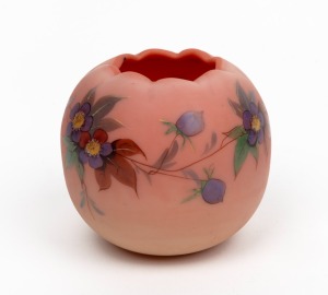 THOMAS WEBB (attributed) QUEEN'S BURMESE antique English glass vase with hand-painted floral decoration, 19th century, 8cm high, 9cm diameter.