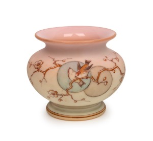 THOMAS WEBB (attributed) QUEEN'S BURMESE antique English glass vase with hand-painted birds and blossoms, 19th century, 10cm high, 11.5cm diameter.