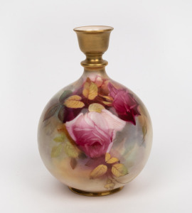 ROYAL WORCESTER antique English porcelain vase hand-painted with rose decoration, green factory mark to base, ​​​​​​​15.5cm high.