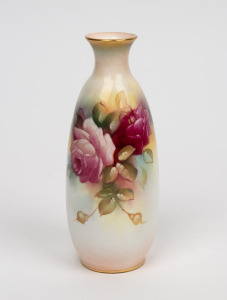 ROYAL WORCESTER English porcelain vase hand-painted with rose decoration, signed "M. HUNT", 20th century, black factory mark to base, 14cm high.