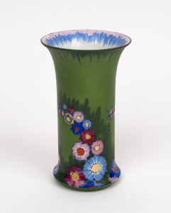 CARLTON WARE "Hollyhocks" porcelain vase on unusual green ground, circa 1920, blue factory mark to base, 15cm high.