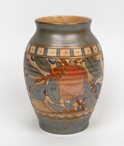 CHARLOTTE RHEAD English Art Deco porcelain vase with fruit and blossom decoration on green ground, circa 1925, stamped "Bursley Ware, Charlotte Rhead, England", 21cm high.
