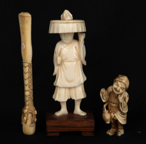 A Chinese carved ivory statuette, a carved ivory cigarette holder, and a Japanese carved ivory netsuke, (A/F), 20th century, (3 items), ​​​​​​​the largest 10.5cm long.