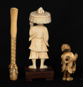 A Chinese carved ivory statuette, a carved ivory cigarette holder, and a Japanese carved ivory netsuke, (A/F), 20th century, (3 items), ​​​​​​​the largest 10.5cm long. - 2