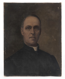 ARTIST UNKNOWN, Rev. Dean England P.P. oil on canvas, notation verso "V.R. Dean England P.P. Hotham W. Melbourne died Christmas morn 1888, esteemed in life and death. This picture was painted from a photo by an amateur for family who dearly loved him". 25 x 20cm