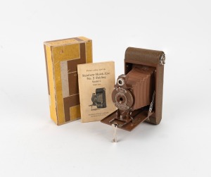 KODAK: No. 2 Folding Rainbow Hawk-Eye (Model C) 120 film camera [#41968], in brown with original maker's box and instruction booklet c. 1932.