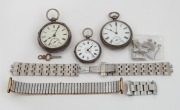 Three antique silver cased pocket watches, plus two watch bands and spare links, (qty)