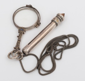 Antique silver and marcasite lorgnette; together with a retractable silver pencil, suspended together on silver chain, early 20th century, the chain 82cm long