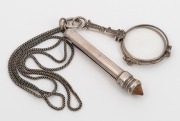 Antique silver and marcasite lorgnette; together with a retractable silver pencil, suspended together on silver chain, early 20th century, the chain 82cm long - 2