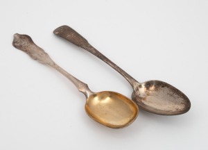 An antique Scottish sterling silver tablespoon; together with an antique Continental silver serving spoon, (2 items), ​​​​​​​22cm and 21cm long, 175 grams total