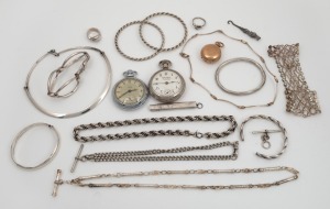 Assorted silver jewellery, costume jewellery, pocket watches, gold plated sovereign case, bangles, watch chains, necklaces, etc., 19th/20th century, (20 items).