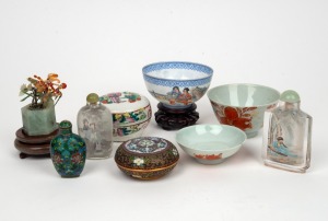 Chinese cloisonne scent bottle and circular box, carved stone ornament, two glass scent bottles, a porcelain lidded box, a fine eggshell porcelain bowl on stand, and two antique Chinese porcelain bowls, 19th/20th century, (9 items), the cloisonne scent bo