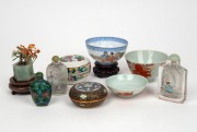 Chinese cloisonne scent bottle and circular box, carved stone ornament, two glass scent bottles, a porcelain lidded box, a fine eggshell porcelain bowl on stand, and two antique Chinese porcelain bowls, 19th/20th century, (9 items), the cloisonne scent bo
