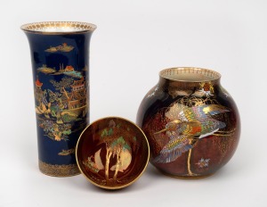 CARLTON WARE "Pagoda" vase on blue ground, early 20th century; together with a CARLTON WARE Rouge Royale vase and bowl, (3 items), factory marks to the bases, the largest 21cm high.