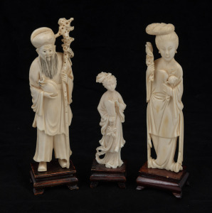Three assorted Chinese carved ivory statues on timber stands, early to mid 20th century, ​​​​​​​the largest 18.5cm high overall.