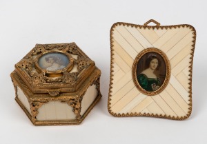 A miniature portrait of a lady in a green dress in gilt metal and piano ivory frame; together with an attractive gilt metal hexagonal trinket box with miniature portrait to the top, 20th century, (2 items), the frame 9.5 x 8.5cm overall