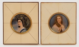 A pair of vintage circular miniature portraits of ladies in piano ivory and tortoiseshell frames, 20th century, 10 x 9cm each overall.