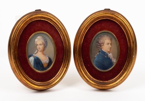 A pair of vintage oval miniature portraits in gilt Florentine frames, 20th century, 14 x 11cm each overall