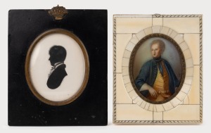 A Regency silhouette profile portrait in period frame; together with a vintage miniature portrait of a gentleman in a blue coat, housed in piano ivory frame, 19th and 20th century, (2 items), ​​​​​​​the larger 14.5 x 12.5cm overall