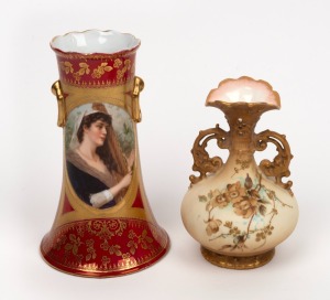 An antique German porcelain vase with hand-painted vignette of a harp player; together with an ERNST WAHLISS Royal Vienna antique Austrian porcelain vase, (2 items), 18cm and 14.5cm high