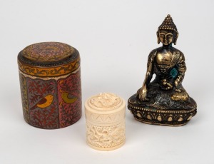 A Chinese carved ivory trinket box with dragon decoration, a cast bronze Buddha statue (unknown age) and an antique Indian enamel box, (3 items), the Buddha 11cm high
