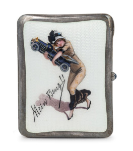 [MERCEDES-BENZ INTEREST] "MEIN BENZ!!" Antique German 930 silver and enamel cigarette case in original plush fitted box with cabochon sapphire clasp, 9.5 x 7.5cm, 135 grams