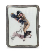 [MERCEDES-BENZ INTEREST] "MEIN BENZ!!" Antique German 930 silver and enamel cigarette case in original plush fitted box with cabochon sapphire clasp, 9.5 x 7.5cm, 135 grams