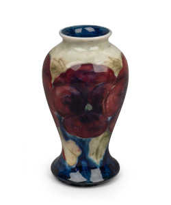 MOORCROFT "Pansy" rare miniature English pottery vase on blue and cream ground, impressed "Moorcroft, Burslem" with green underglazed initials "W. M.", 9.5cm high