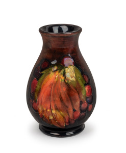 MOORCROFT "Leaves and Berries" flambe baluster shaped English pottery miniature vase, impressed signature mark to base "Moorcroft, Potter to H. M. The Queen, Made in England", 10cm high