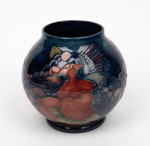MOORCROFT "Finches" English pottery vase on blue ground, circa 1990, impressed factory mark and artist details to base, 17cm high