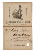 MELBOURNE CRICKET CLUB: 1866-67 Member's Season Ticket, cream leather covers with gilt 'M.C.C. 1866-67.' on front & reverse; ; made out for member H.J. King, Esq. Very good condition and extremely scarce.